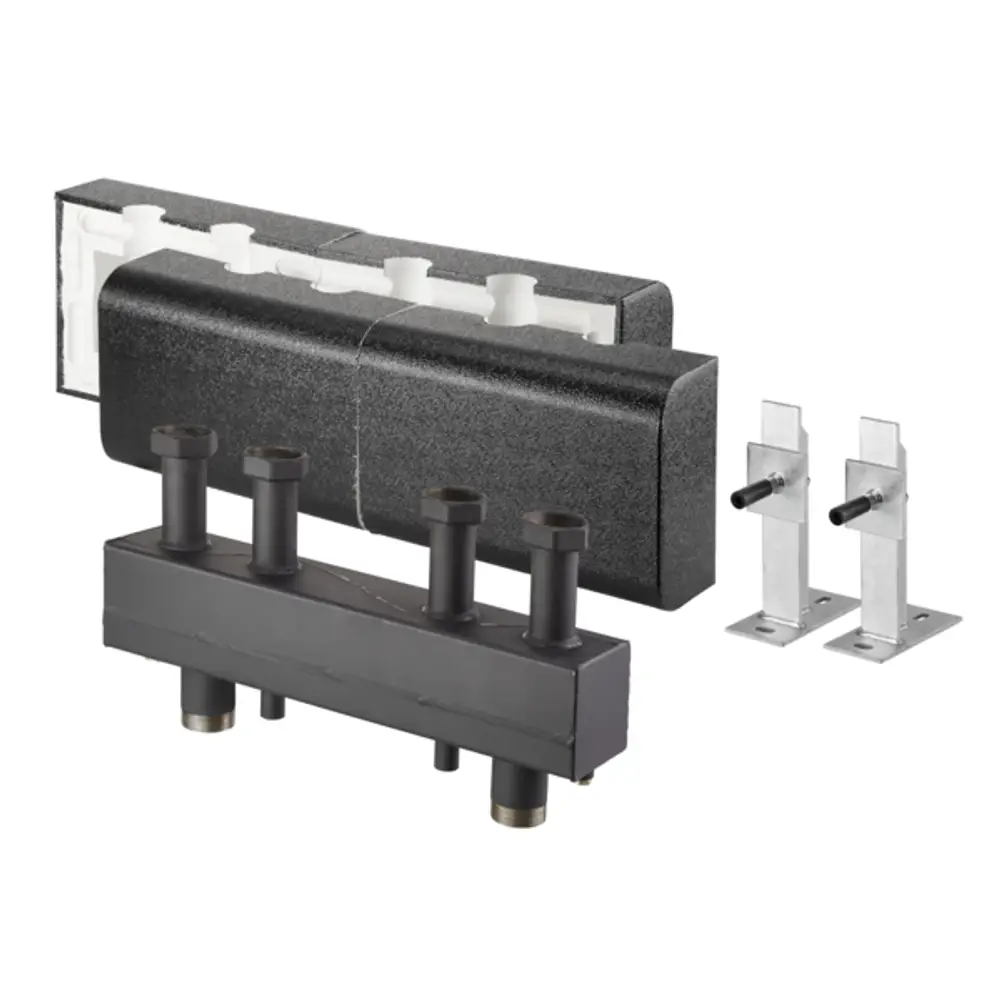 Oventrop Hydraulische Weiche/Verteiler-Kombination mit zwei Heizkreisanschlüssen. Enthält Wärmedämmung und zwei Montageteile aus Metall.